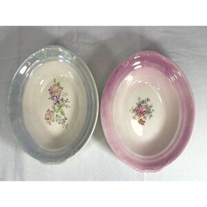 Crown Potteries Co Pair of Oval Floral Bowls Pink Blue 9X7X2